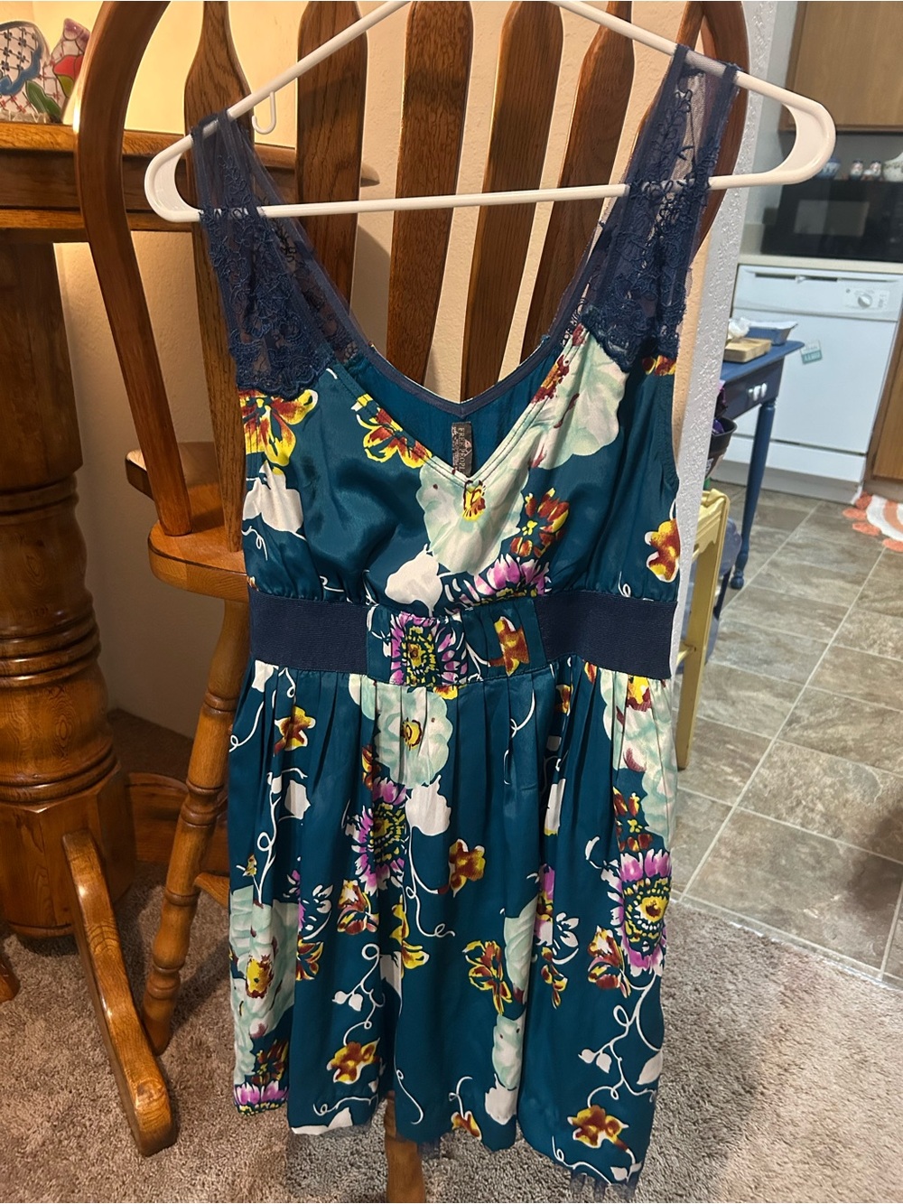 Free People Teal Floral Lace-Trim Mini Dress